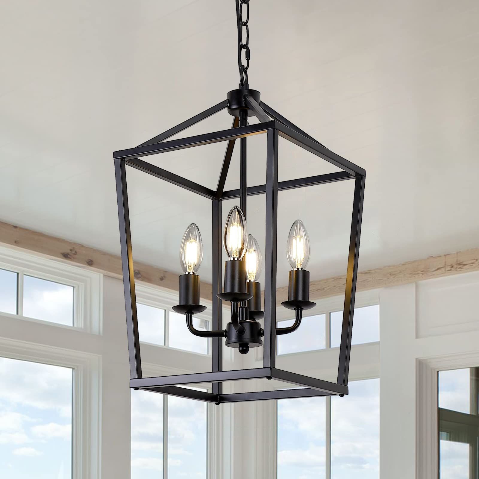 Widely Used 4 Light Black Farmhouse Chandelier Light Fixture Iron Lantern Pendant Light  Metal Cage Kitchen Hanging Light Fixtures For Kitchen Island, Dining Room,  Entryway, Foyer, Hallway – – Amazon With Blackened Iron Lantern Chandeliers (View 1 of 10)