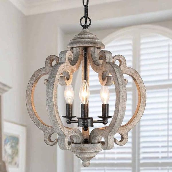 Widely Used Rustic Gray Lantern Chandeliers For Lnc Globe Wood Chandelier Washed Gray Round Pendant 3 Light Farmhouse  Candlestick Chandelier Rustic Hanging Lantern B7jbezhd14140t7 – The Home  Depot (View 4 of 10)