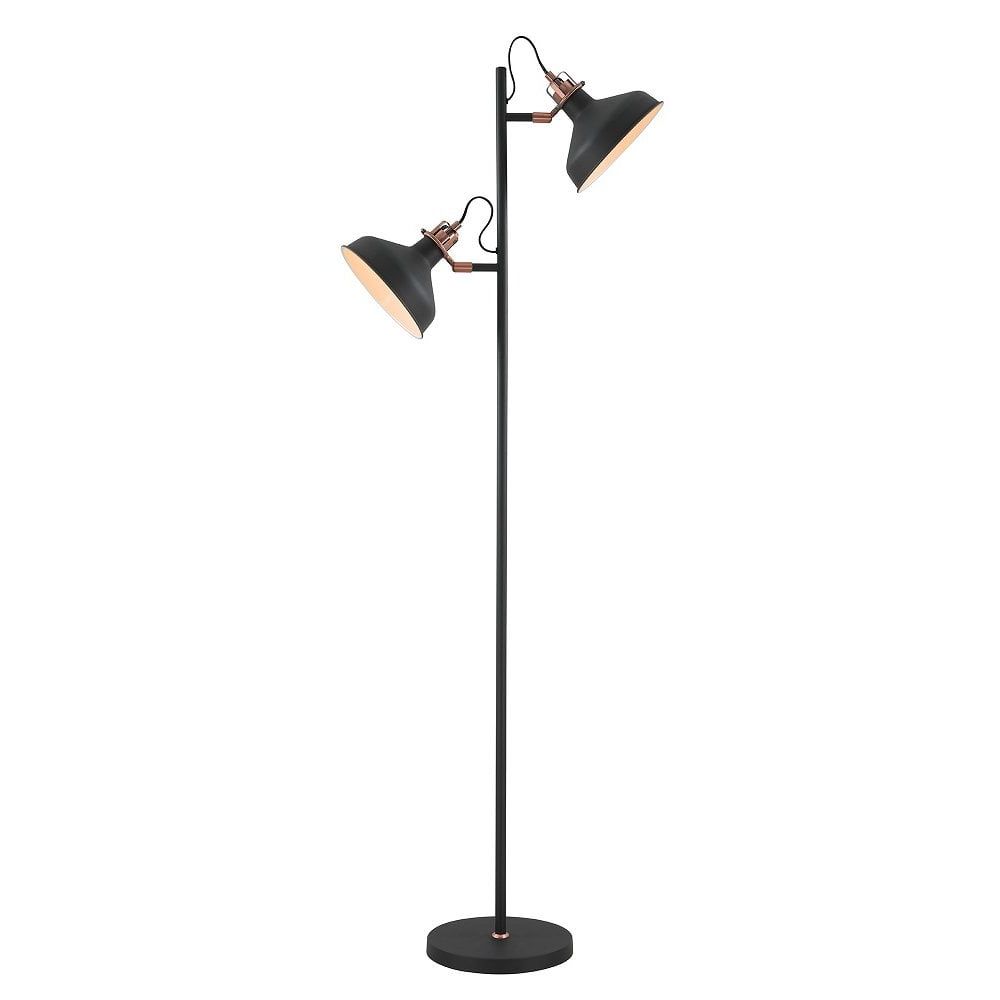 2 Light Standing Lamps Pertaining To Most Popular Double Headed Adjustable Matt Black And Copper Floor Standing Lamp (View 6 of 10)