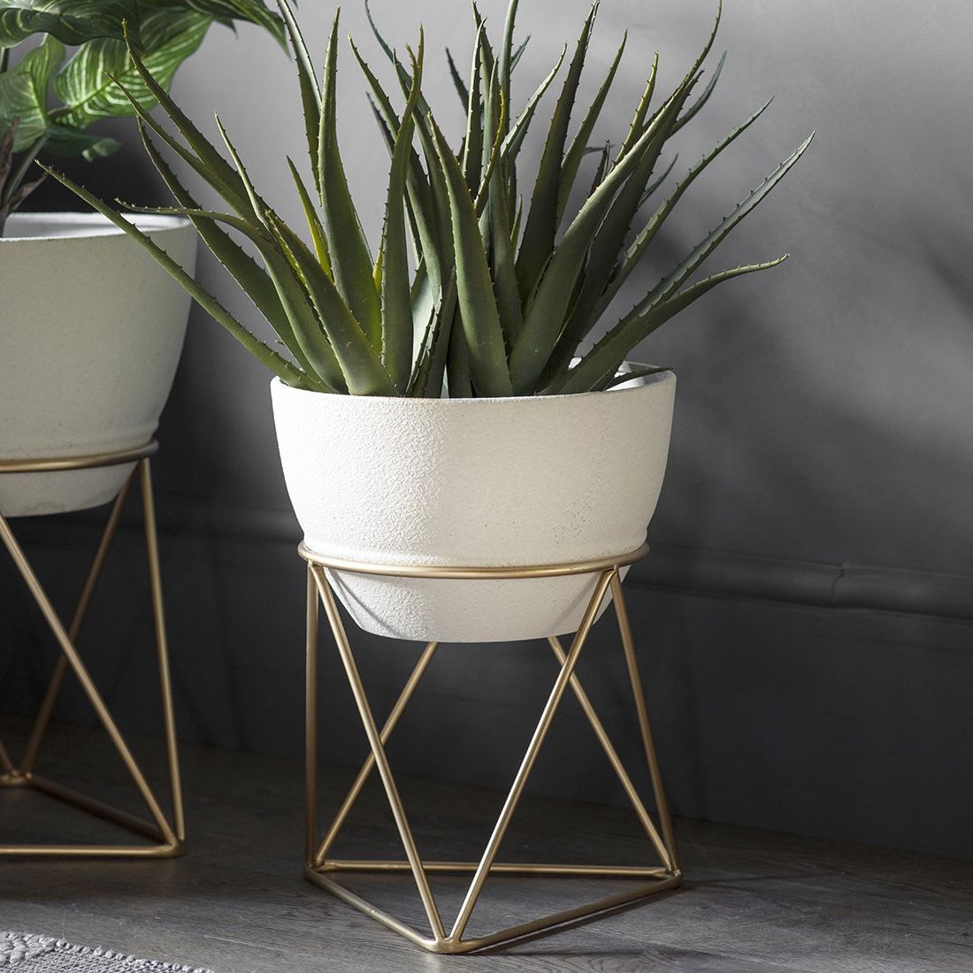 2020 Ivory Plant Stands For Set Of Two Ivory Planters With Gold Geometric Stand – Primrose & Plum (View 7 of 10)