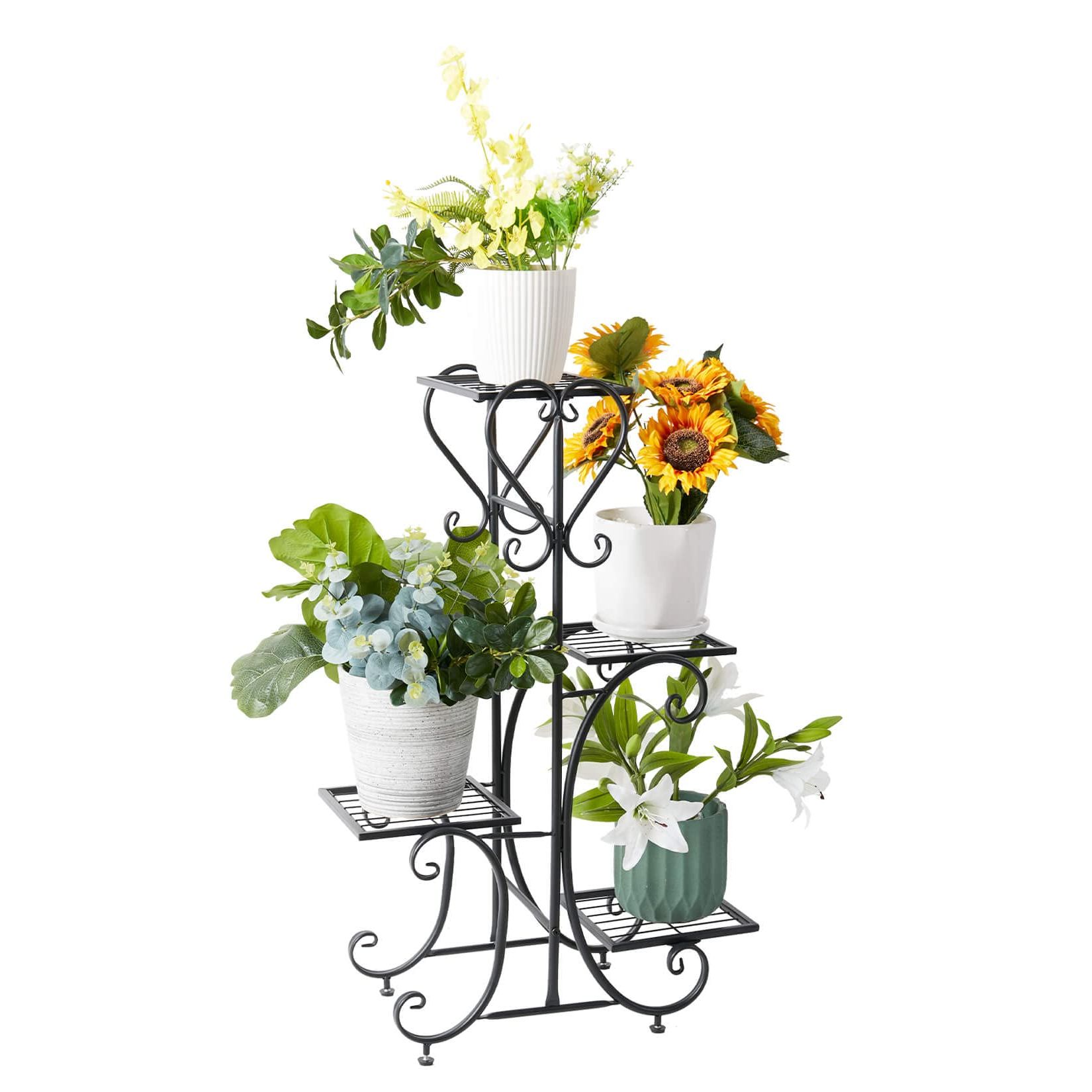 Amazon : Unho Metal Plant Stand Black: 4 Tier Flower Pot Display Rack  With Potted Planter Shelves Indoor Storage Shelf Holder For Balcony Living  Room Patio Garden Entryway Décor : Patio, Lawn Pertaining To Most Recently Released Four Tier Metal Plant Stands (View 5 of 10)