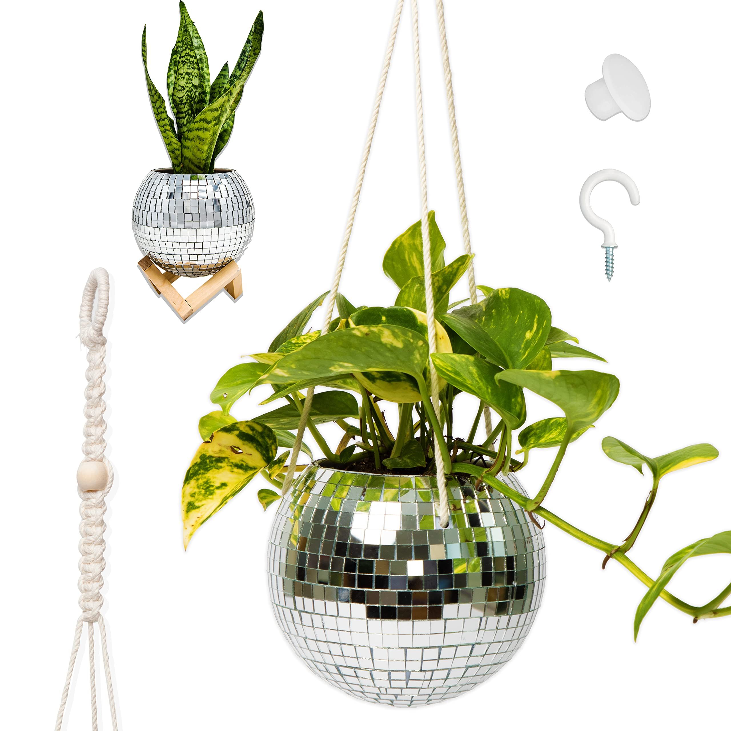 Ball Plant Stands For Latest Amazon: Lunar Sol – Disco Ball Planter – Disco Ball Plant Hanger With  Macrame Cotton Rope, With Wooden Stand For Desk Planter Decorations With –  Plant Accessories Indoor Or Outdoor Planters For Patio : (View 5 of 10)