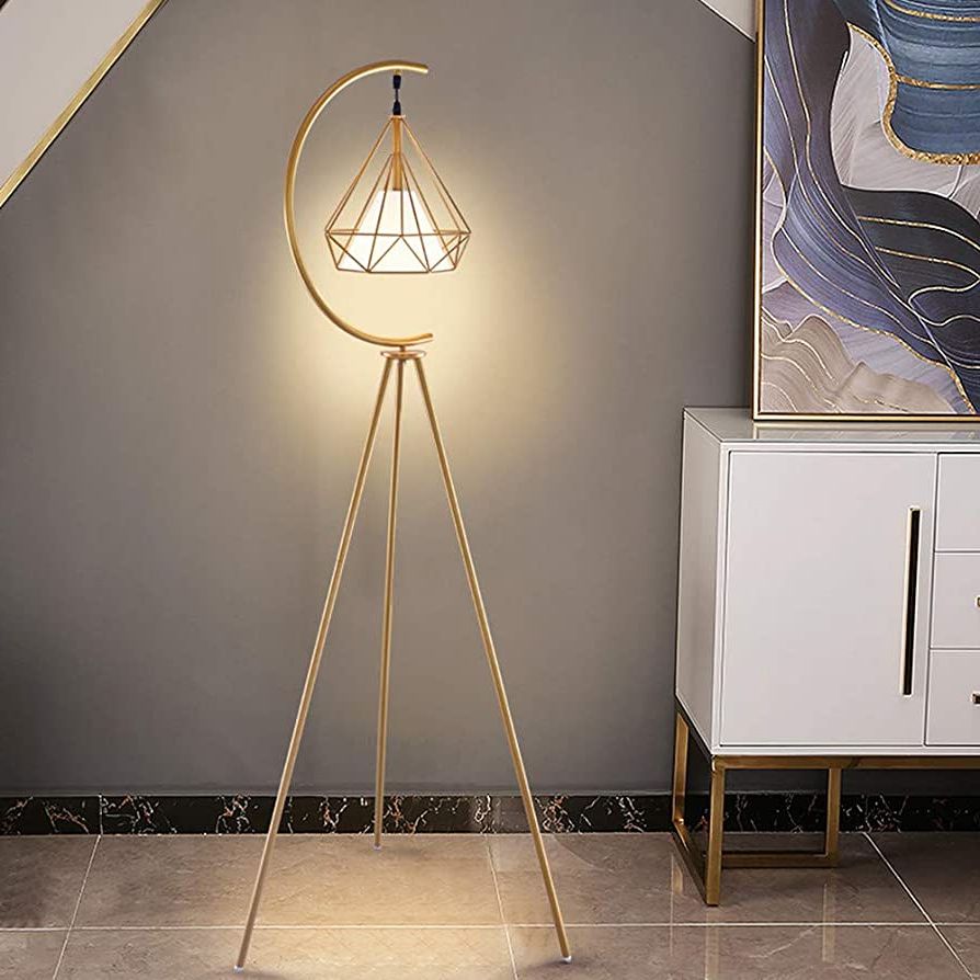 Best And Newest Diamond Shape Standing Lamps In Lakiq Living Room Floor Lamp Iron Diamond Cage Standing Lamp With Inner  Fabric Shade Tripod Modern Plug In Standing Lighting For Bedroom Office  (gold) – – Amazon (View 4 of 10)