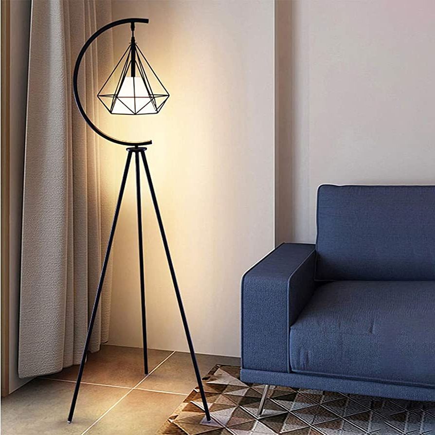 Best And Newest Diamond Shape Standing Lamps With Regard To Lakiq Living Room Floor Lamp Iron Diamond Cage Standing Lamp With Inner  Fabric Shade Tripod Modern Plug In Standing Lighting For Bedroom Office  (black) – – Amazon (View 1 of 10)