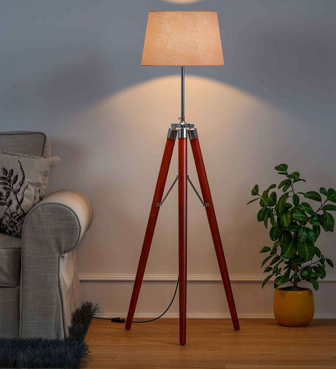 Buy Wooden Natural Brown Stick Tripod Floor Lamp Standing With Lamp Shade Kp Lamps Store Online – Tripod Floor Lamps – Floor Lamps – Lamps And  Lighting – Pepperfry Product For 2020 Tripod Standing Lamps (View 4 of 10)