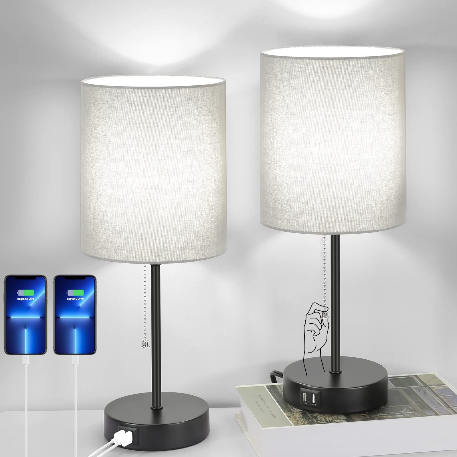 Current Standing Lamps With Usb With Regard To Table Lamps Set Of 2 With Usb Charging Ports, Grey Bedside Lamps With Ac  Outlet, Nightstand Lamps With Pull Chain Switch, Minimalist Modern Desk  Lamps With Fabric Shade For Living Room Bedroom (View 4 of 10)
