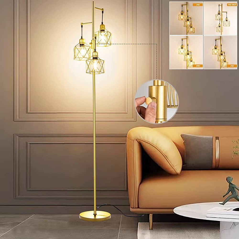 Decorative Gold Floor Lamp,3 Light Farmhouse Floor Lamps For Living Room  With Smooth Dimmable ( Adjust Brightness Nightlight ), Modern Style Standing  Tall Lamp Of Diamond Cage – Bulb Included With Preferred 3 Light Standing Lamps (View 2 of 10)