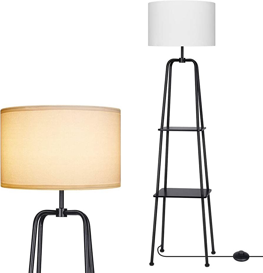 Dewenwils 60 Inch Modern Black Floor Lamp With Shelves, 2 Tier Display  Shelf, Reading Lamp With White Linen Drum Shade, Standing Storage Lamp For  Living Room, Bedroom, Office For Recent Standing Lamps With 2 Tier Table (View 1 of 10)