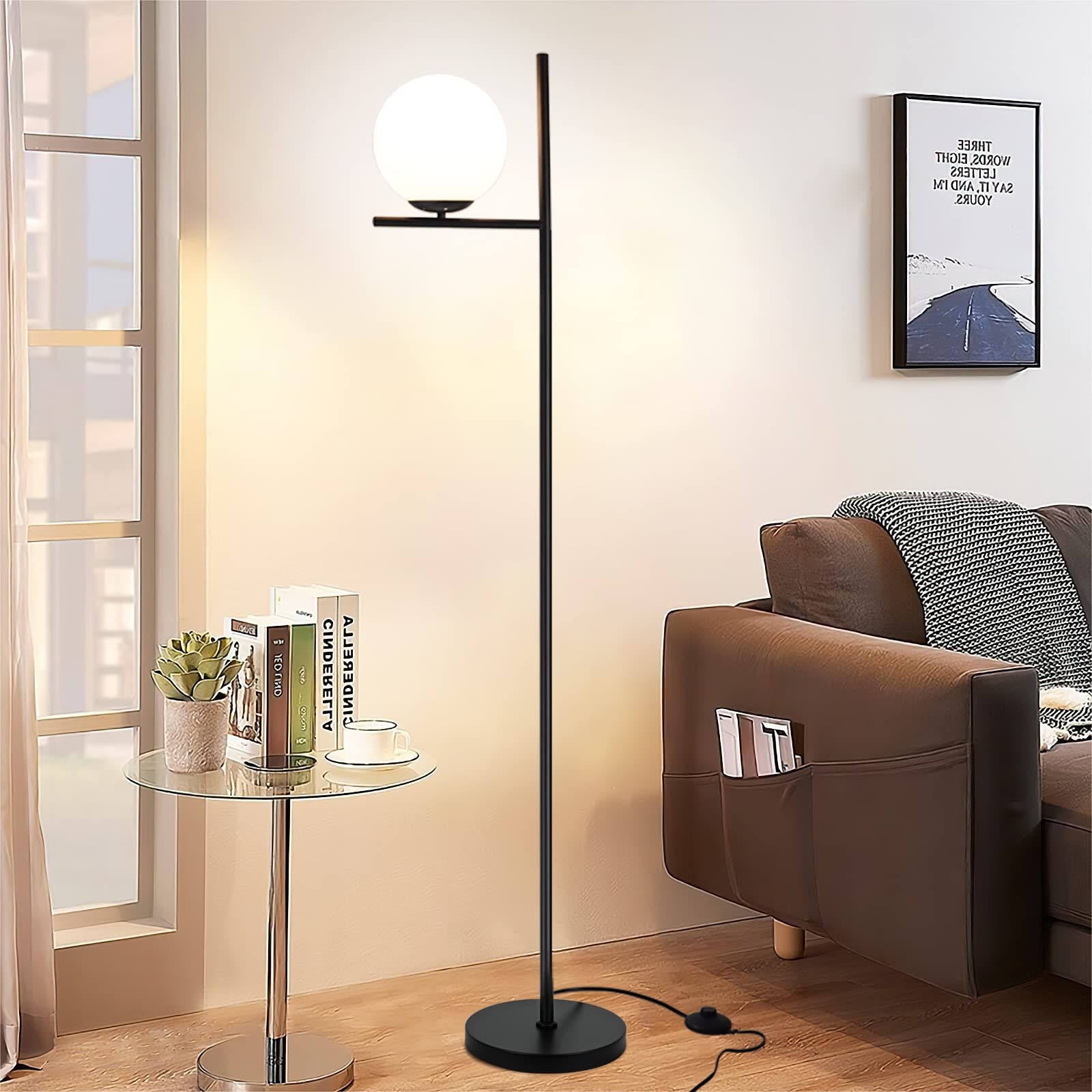 Dllt Modern Led Sphere Floor Lamp 9w Frosted Glass Globe Standing Lamps For  Bedroom, Energy Saving Mid Century Tall Pole Standing Accent Lighting For  Living Room, Office, Bedroom, Black – – Amazon In Fashionable Frosted Glass Standing Lamps (View 3 of 10)