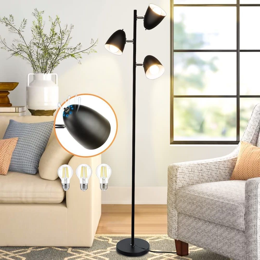 Dllt Tree Floor Lamp, 3 Light Industrial Standing Lamp, Modern Reading Floor  Lamp With Adjustable Metal Heads, Black Pole Tall Floor Light For Living  Room Bedroom Office, E26 Base (led Bulbs Included) – – Intended For Trendy 3 Light Standing Lamps (View 6 of 10)