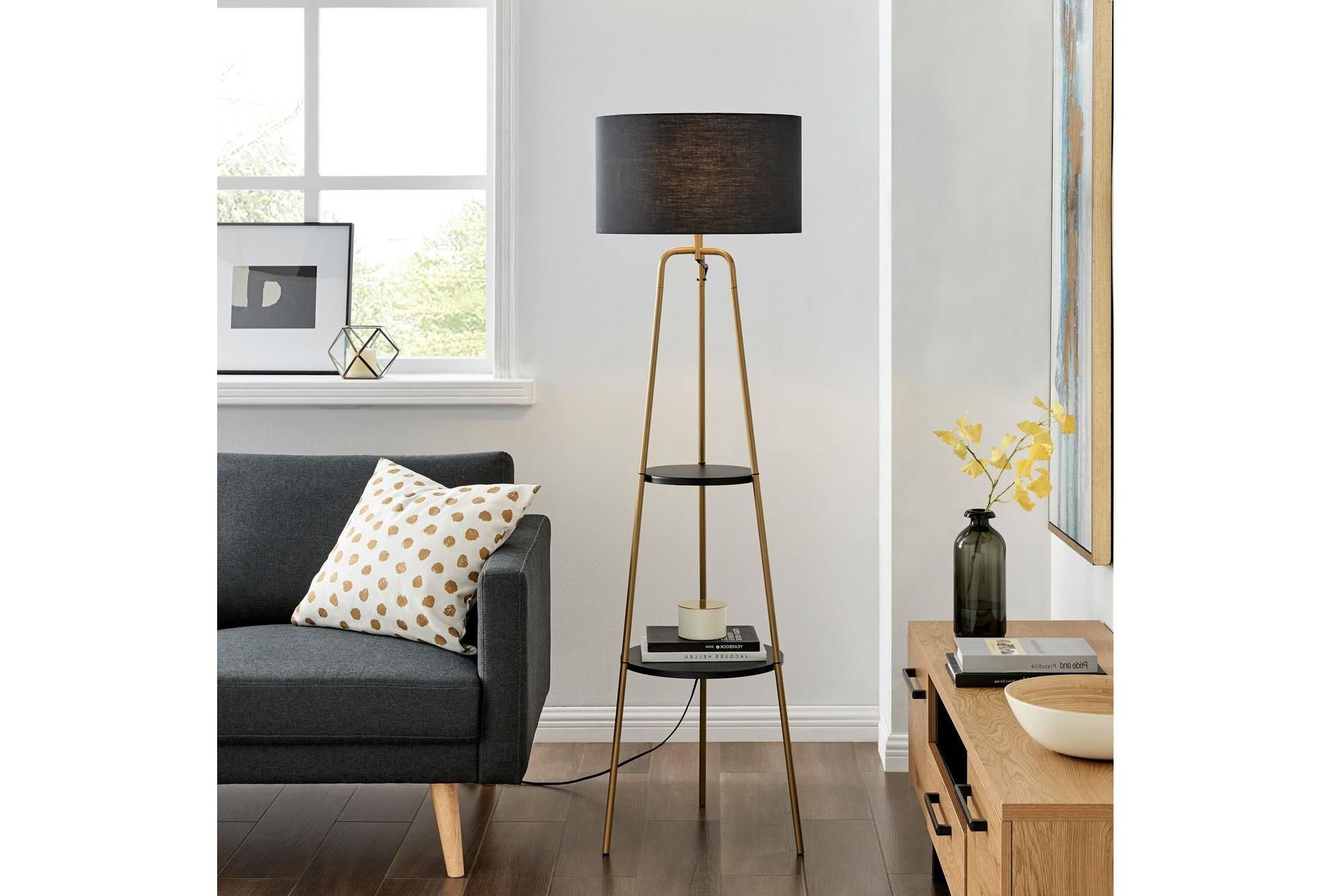 Fashionable 62 Inch Gold Metal + Black Shade Tripod Plant Stand Floor Lamp With 2 Tier  Table (View 6 of 10)