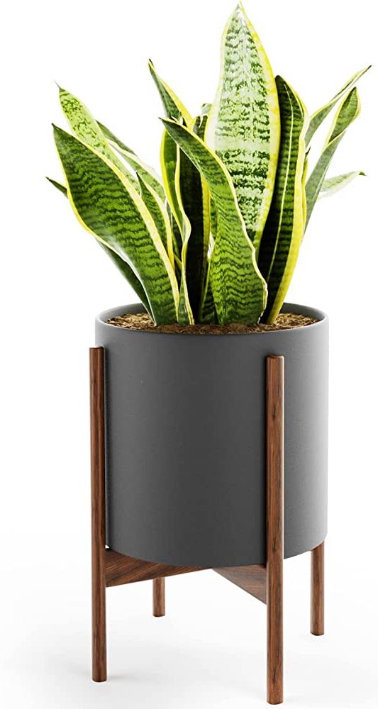Fashionable Amazon : Omysa Mid Century Plant Stand With Pot – 10 Inch Plant Pot For  Indoor Plants & Flowers – Mid Century Modern Ceramic Planter – Black :  Patio, Lawn & Garden Throughout 10 Inch Plant Stands (View 3 of 10)