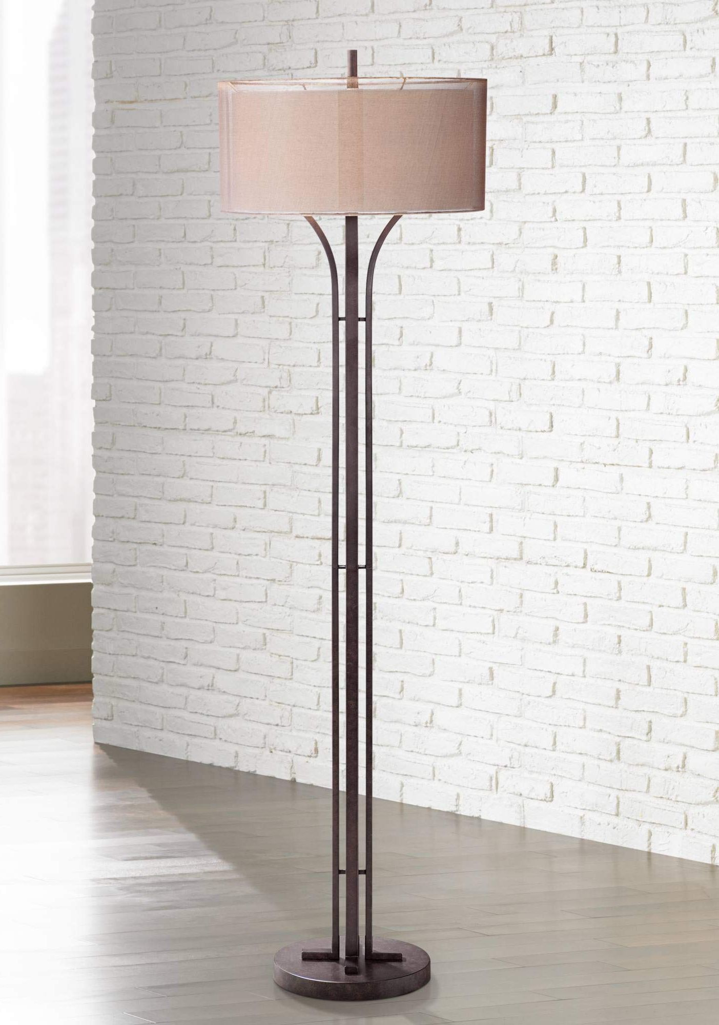 Franklin Iron Works Tristan Modern Standing Floor Lamp 64" Tall Bronze  Metal Sheer Brown Textured Linen Intended For Well Known Textured Linen Standing Lamps (View 2 of 10)