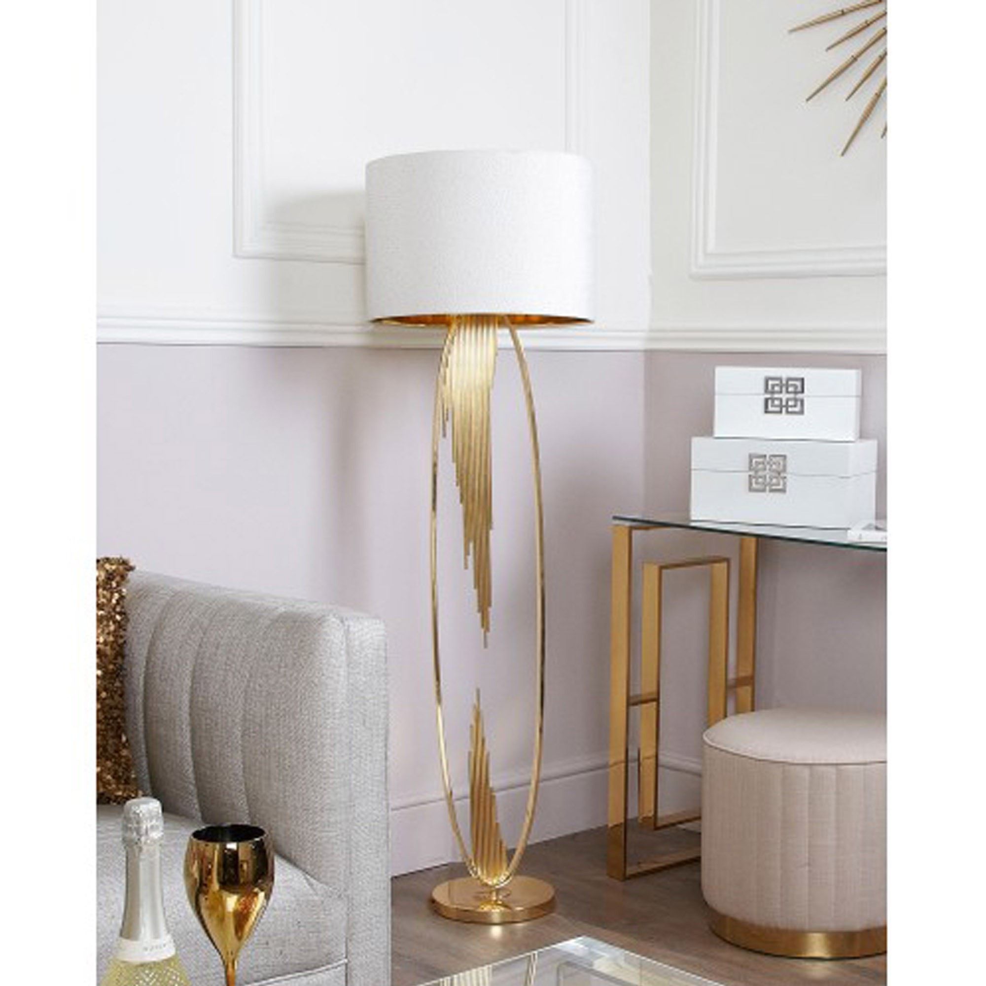 Gold Oval Abstract Floor Lamp With White Crocodile Velvet Shade Intended For Fashionable Gold Standing Lamps (View 7 of 10)