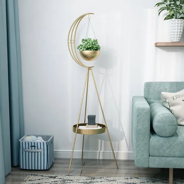 Half Moon Plant Stand With Shelf In Gold Modern End Table Homary With Most Up To Date Plant Stands With Side Table (View 4 of 10)
