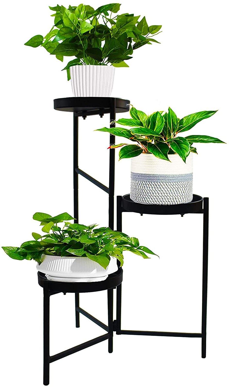 Iron Base Plant Stands For Well Known Metal Plant Stand Outdoor 3 Tier Flower Pot Holder Wrought Iron Plants Rack  Indoor Corner Stands Display Shelf Fold Vertical Planter Shelves Table For  Garden Patio Lawn Balcony Office Black Round (View 4 of 10)