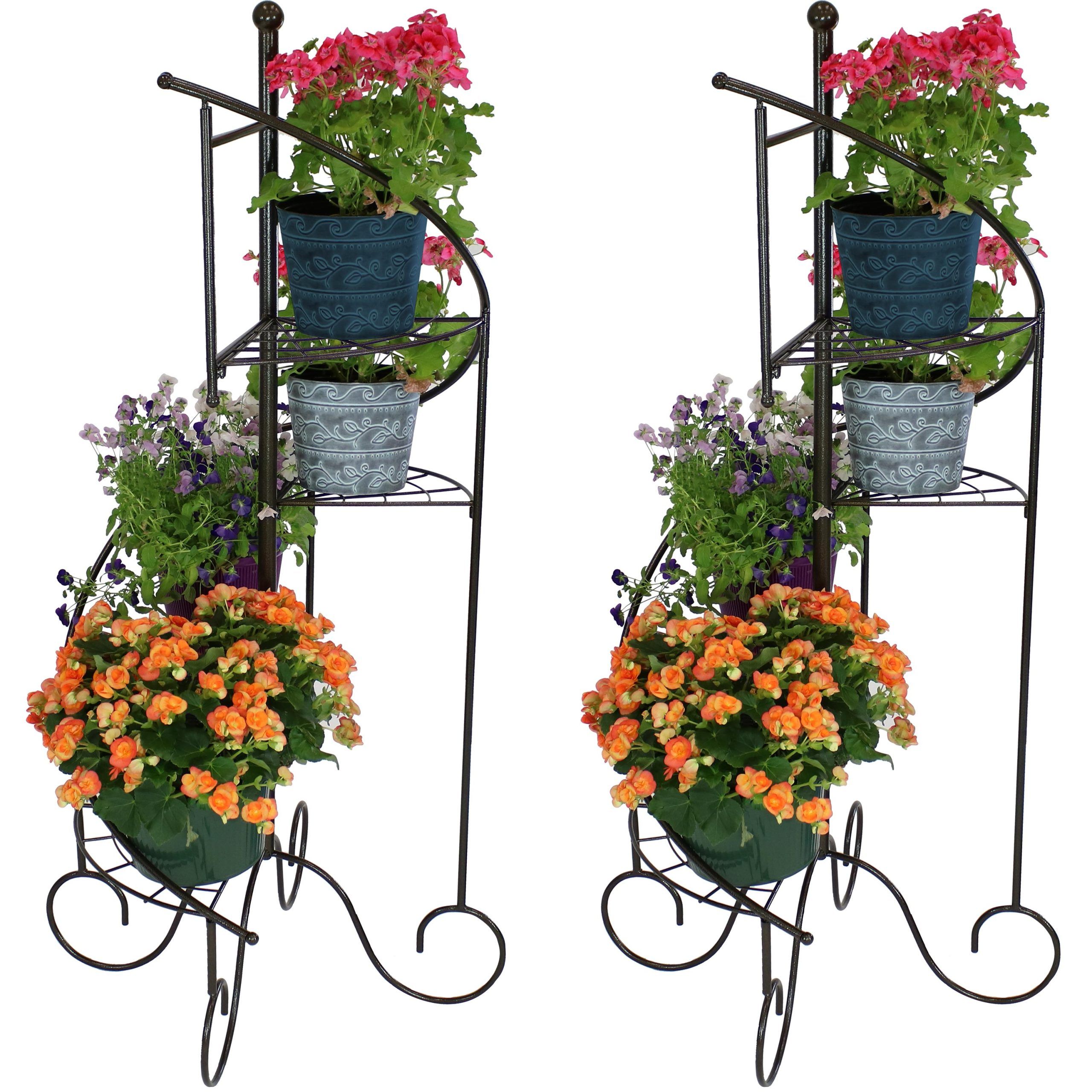 Iron Base Plant Stands Within Most Current Sunnydaze Indoor/outdoor Iron Metal 4 Tiered Potted Flower Plant Stand With  Spiral Staircase Design – 56" – Black – 2pk – Walmart (View 10 of 10)