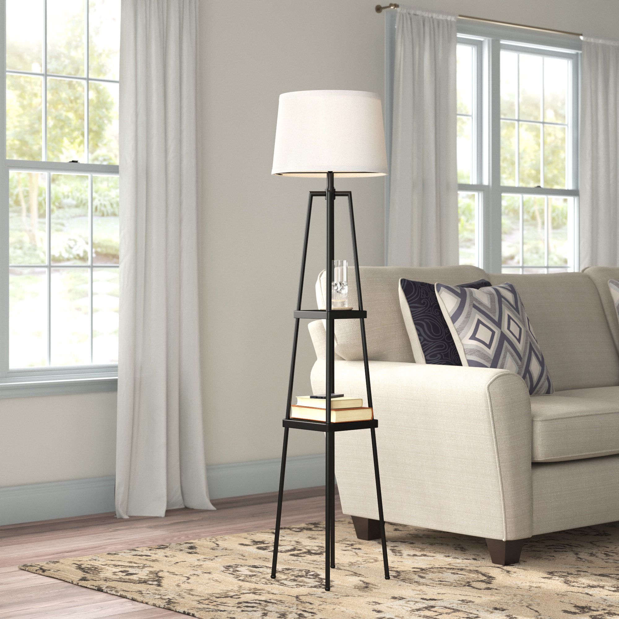 Latitude Run® 58" Modern Metal Etagere Floor Lamp With Shelves And Linen  Shade & Reviews (View 2 of 10)