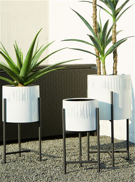 Modern Plant Stands Regarding Famous Glitzhome Mid Century Plant Stand With Pot Set Of 3 Modern Metal Planters  With Stands Flower Pot Holders Perfect For Indoor Outdoor Plants Plant Stand  Not Adjustable, White (View 10 of 10)