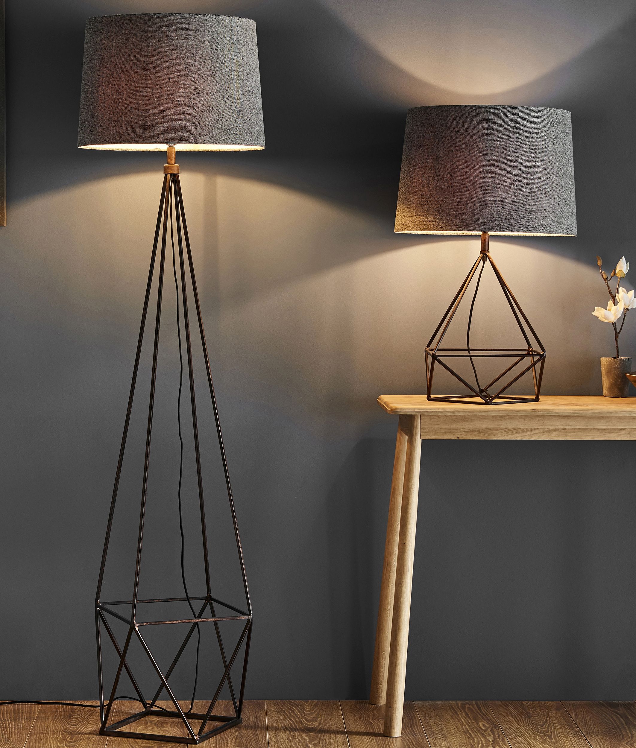 Most Current Grey Shade Standing Lamps With Grey Fabric Shaded Floor Lamp With Geometric Cage Style Base (View 6 of 10)