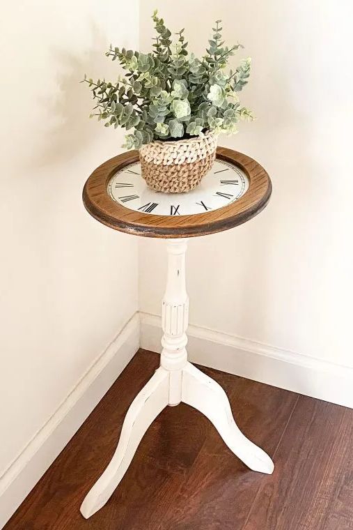 Most Popular Refinished Wood Plant Stand With A Diy Vinyl Clock Tabletop – Intended For Painted Wood Plant Stands (View 2 of 10)