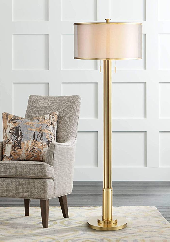 Most Recent Possini Euro Design Granview Mid Century Modern Standing Floor Lamp 70 1/2"  Tall Antique Brass Sheer Organza Outer Linen Inner Drum Shade For Living  Room Reading House Bedroom Office Intended For Beeswax Finish Standing Lamps (View 6 of 10)