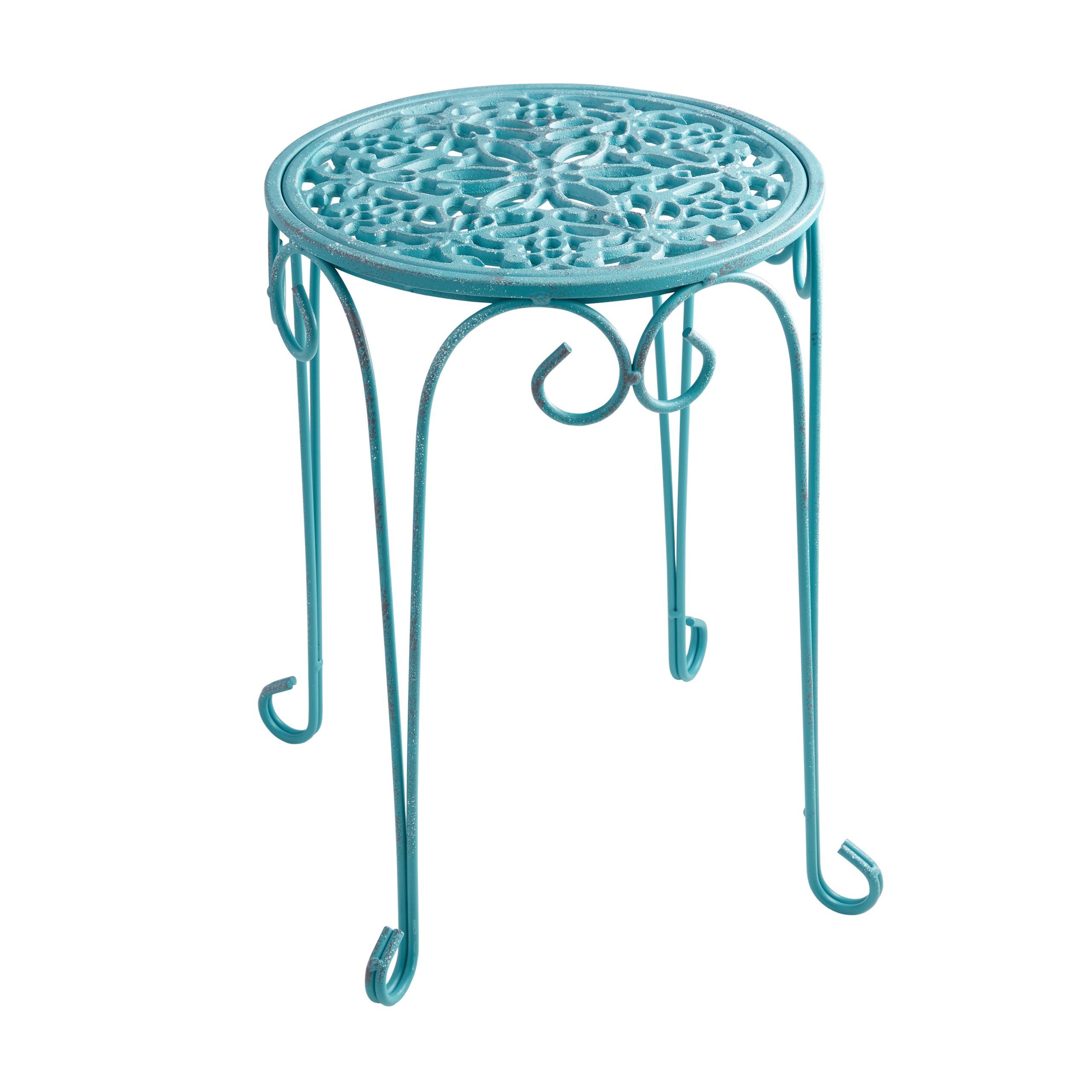 Most Up To Date 16 Inch Plant Stands In The Pioneer Woman 16" Cast Iron Plant Stand Teal Color With Distressed  Finish – Walmart (View 9 of 10)
