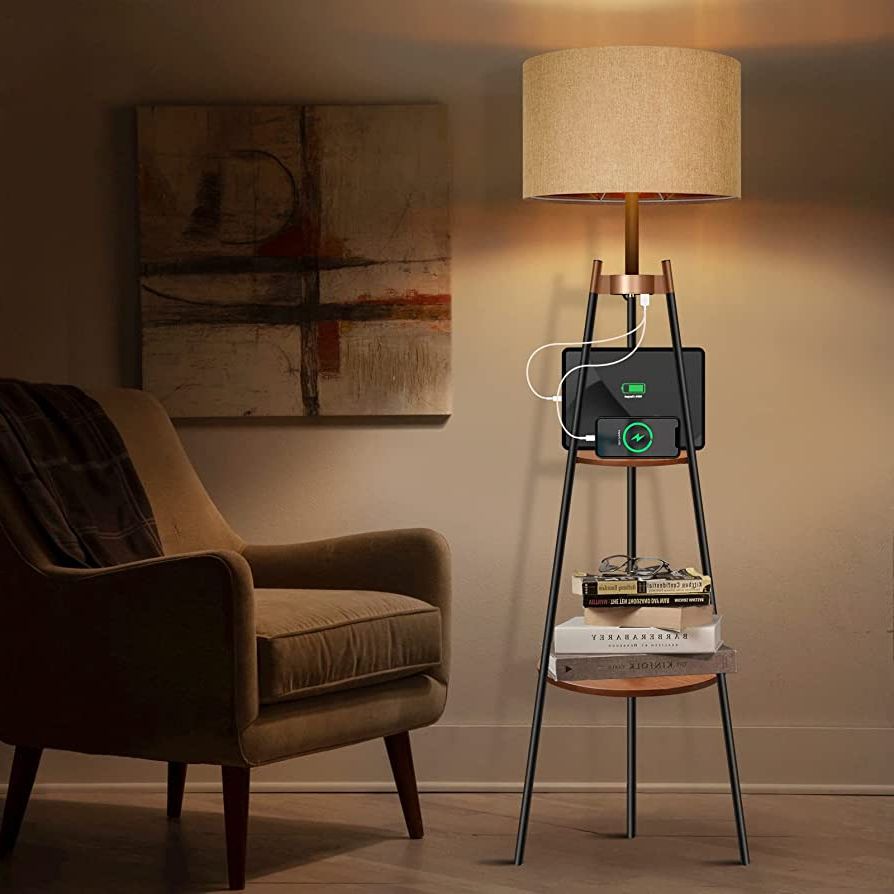 Okeli Tripod Floor Lamp With Shelves, Standing Lamps With Usb And Outlet  Charging Station, Mid Century Linen Shade Touching Dimmable Tall Light For  Reading, Living Room, Bedroom, Dorm, Bulb Included – – Throughout Most Recent Standing Lamps With Usb (View 2 of 10)