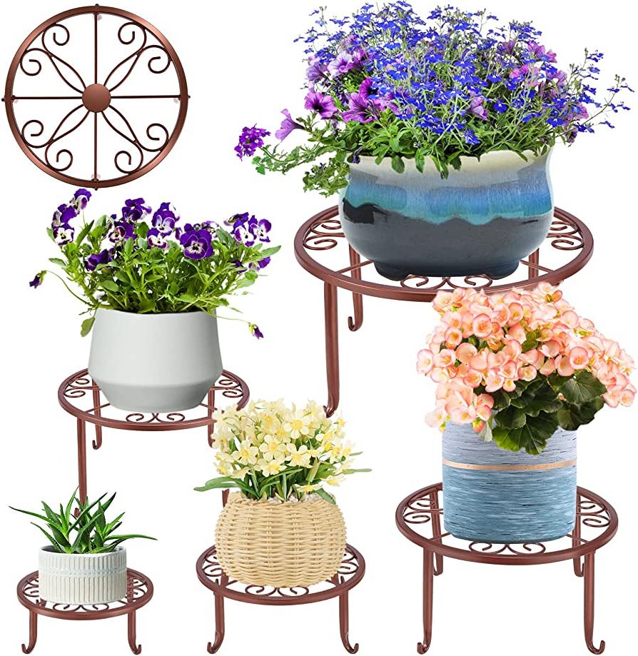 Popular 5 Pack Brown Metal Plant Stand For Outdoor Indoor Plants, Bronze Heavy Duty Flower  Pot Stands For Multiple Plant, Rustproof Iron Round Plant Shelf For Planter,  Potted Plant Holder For Garden Home Throughout Brown Metal Plant Stands (View 1 of 10)
