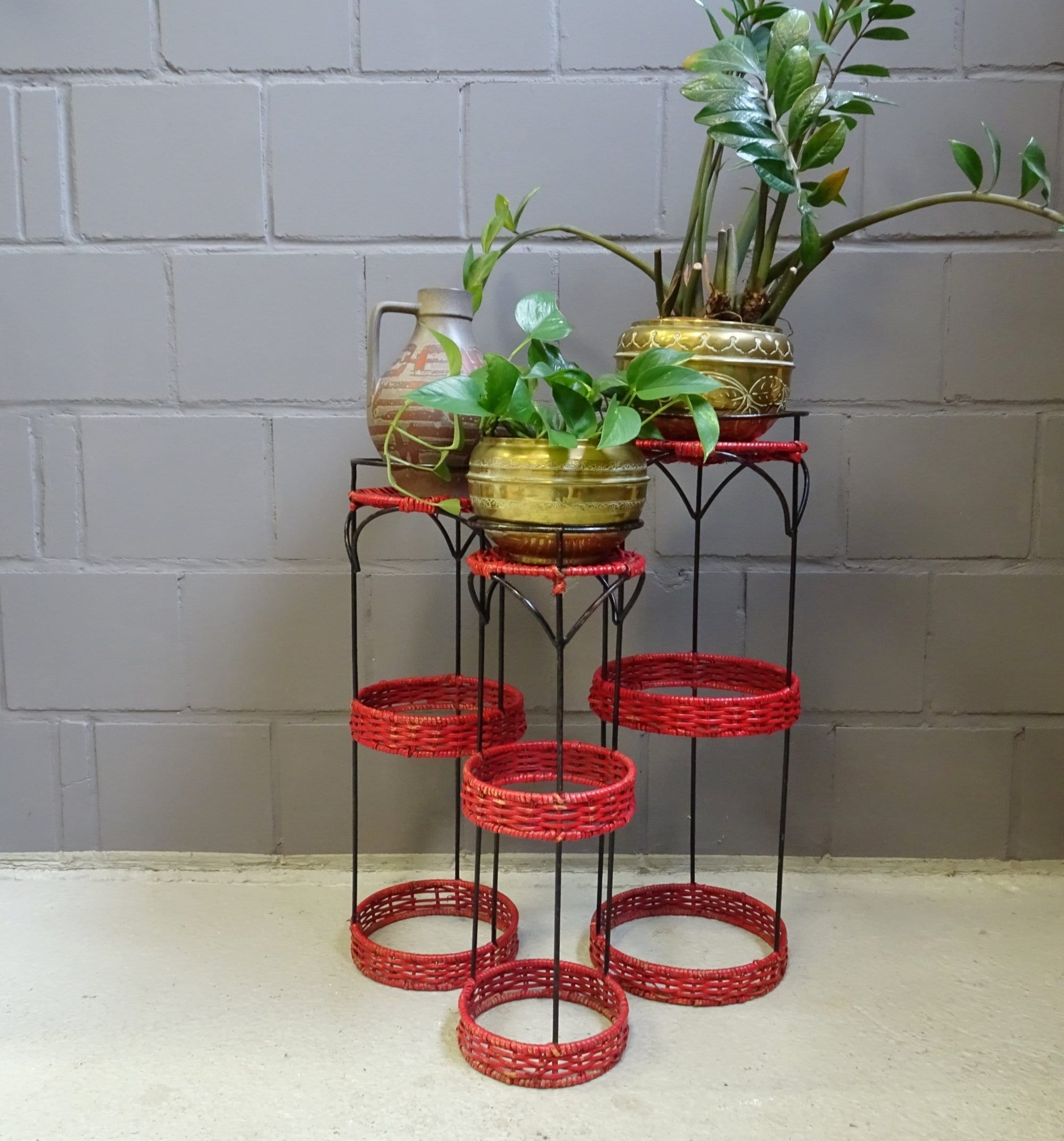Popular Plant Stand Set Of Metal And Rattan Round Flower Columns Red – Etsy For Red Plant Stands (View 9 of 10)