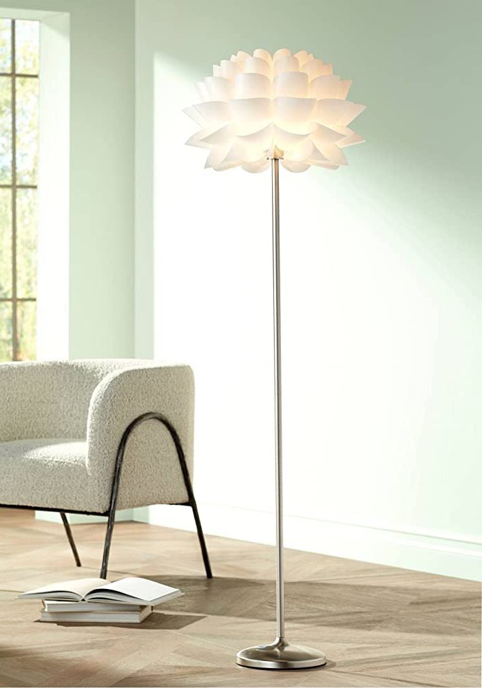 Possini Euro Design Modern Art Deco Floor Lamp Standing 63" Tall Brushed  Steel Silver Metal Thin Column White Acrylic Petal Flower Shade Decor For  Living Room Reading House Bedroom Family Home Throughout Fashionable Brushed Steel Standing Lamps (View 3 of 10)