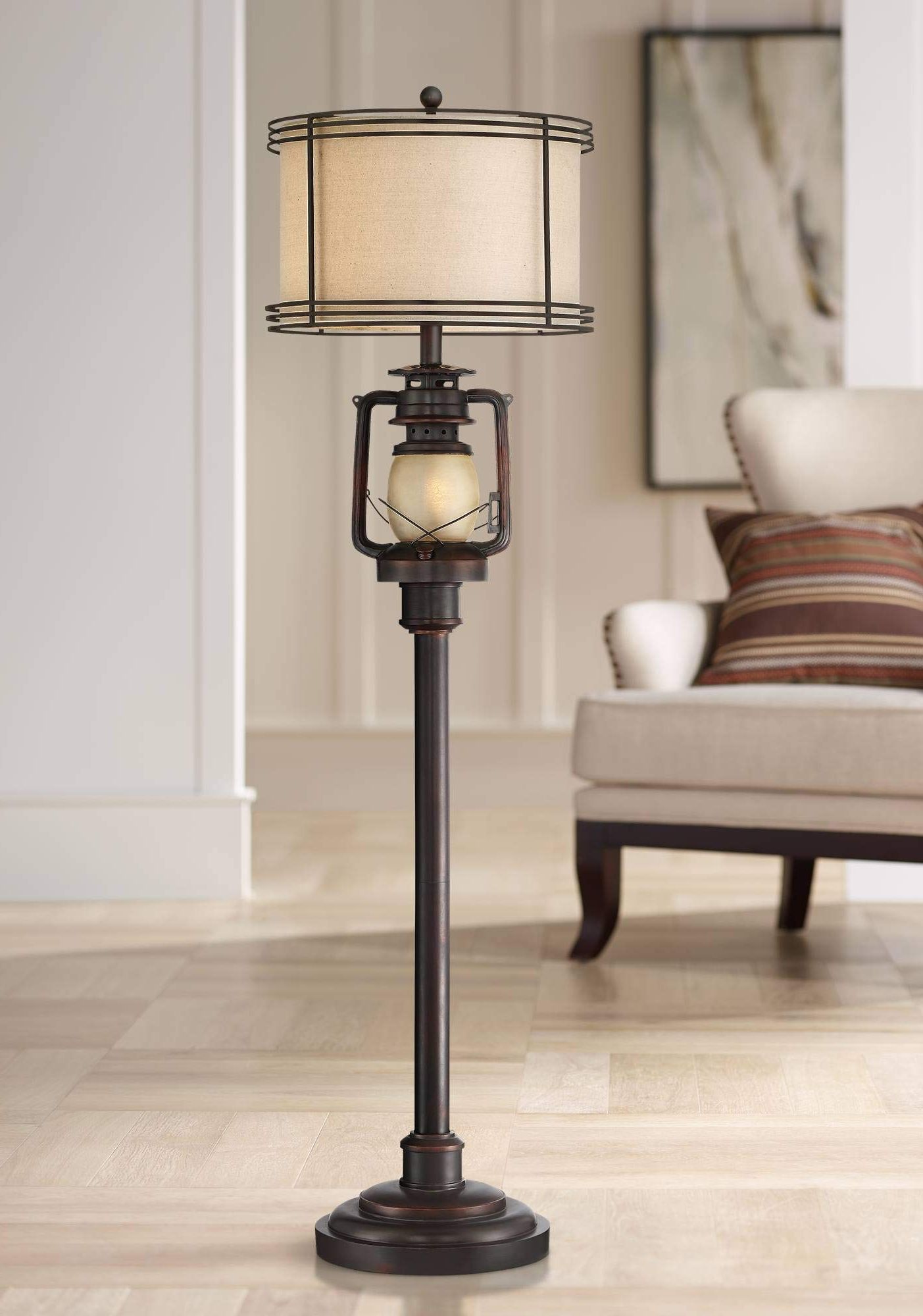 Recent Lantern Standing Lamps Within Barnes And Ivy Henson Rustic Industrial Farmhouse Standing Floor Lamp With  Night Light Glass 63" Tall (View 1 of 10)