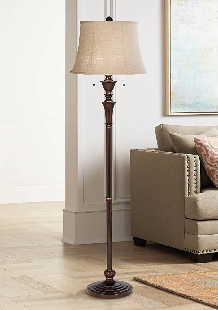 Regency Hill Brooke Traditional Standing Floor Lamp 60" Tall Rich Bronze  Copper Accents Metal Column Brown Burlap Modified Bell Shade For Living  Room Reading House Family Bedroom Home – – Amazon Intended For Most Current Dual Pull Chain Standing Lamps (View 9 of 10)