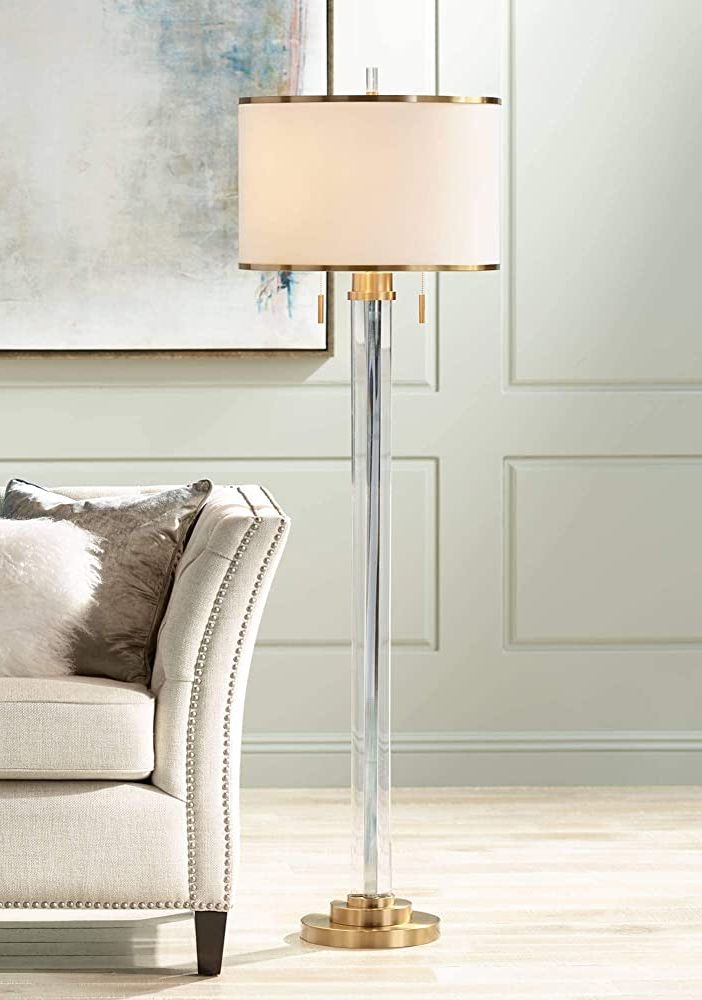 Satin Brass Standing Lamps For Well Known Possini Euro Design Cadence Modern Luxe Art Deco Floor Lamp Standing 62"  Tall Satin Brass Gold Metal Crystal Glass Column Linen Drum Shade Decor For  Living Room Reading House Family Bedroom Home – – (View 5 of 10)