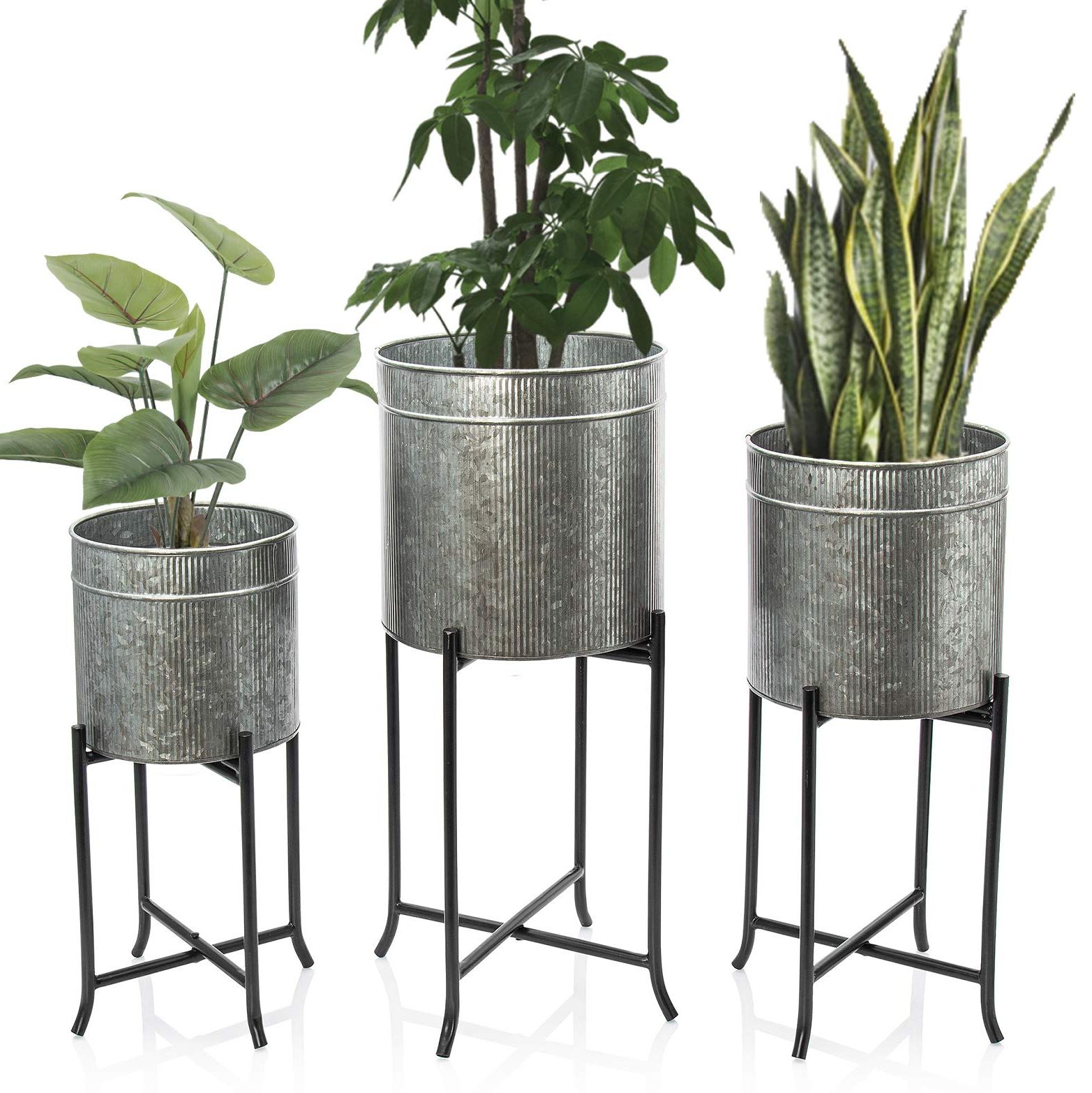 Set 3 Large Galvanized Planters Outdoor & Indoor, Metal Farmhouse Decor For  Garden, Patio, Porch & Balcony, Pots With Stand And Drainage, Front Door  Decorative Planting Container, Modern Rustic Decor With Recent Galvanized Plant Stands (View 9 of 10)