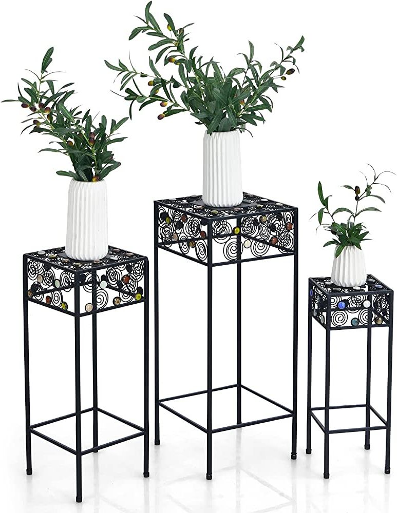 Set Of Three Plant Stands In Recent Amazon: Giantex Set Of 3 Metal Plant Stand, 3 Pieces Flower Pot Holder  Rack With Ceramic Beads Design, Irons Planter Supports Display End Table  For Home Patio Garden (square) : Patio, Lawn (View 3 of 10)