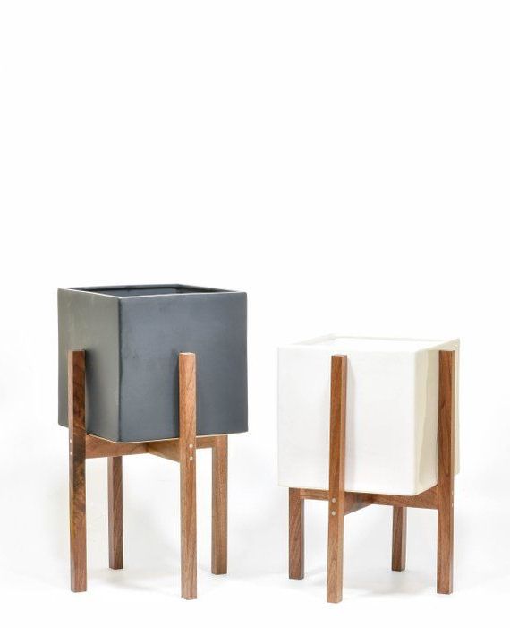 Square Plant Stands With Newest Large – Mid Century Modern Plant Stand With Ceramic Pot – Plant Stand With  Cube Plant Pot (View 10 of 10)