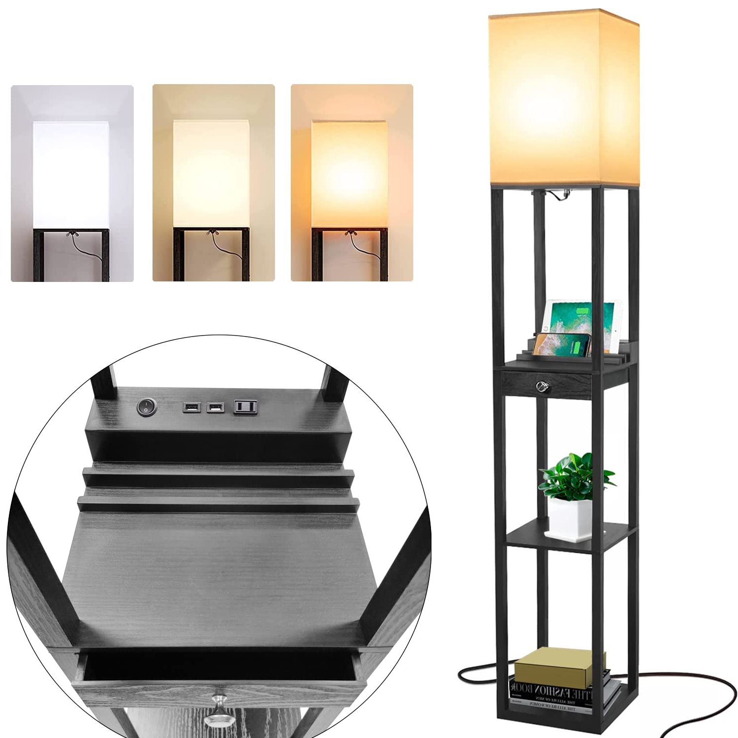 Standing Lamps With Usb Charge Within Preferred Assemer Shelf Floor Lamps For Living Room,tall Standing Lamp With Shelves  And Drawer,2 Usb Charging Ports & Power Outlet,bright 3cct Led Bulb  Included – Black – – Amazon (View 2 of 10)