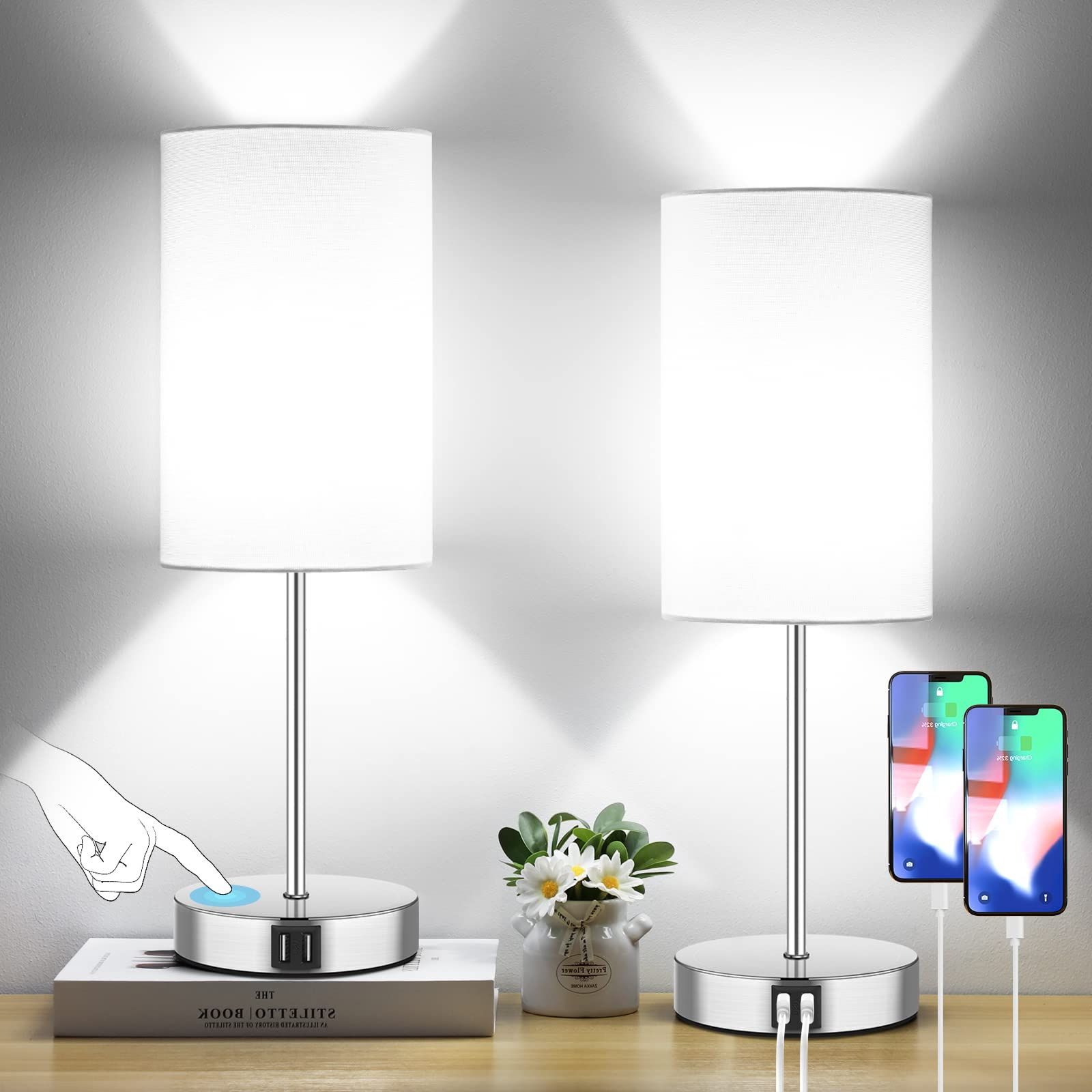 Standing Lamps With Usb Inside Favorite Touch Control Table Lamps Set Of 2, 3 Way Dimmable Modern Nightstand Lamps  With Usb Charging Ports & Ac Outlet, Brushed Nickle Bedside Desk Lamps With  White Shades For Bedroom, 5000k Led (View 9 of 10)