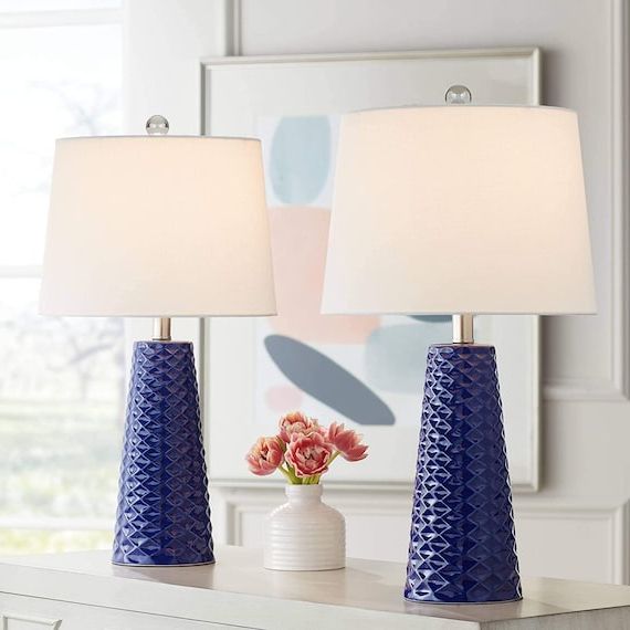 Table Lamps Set Of 2 Blue Textured Ceramic White Fabric – Etsy Throughout Well Known Textured Fabric Standing Lamps (View 9 of 10)