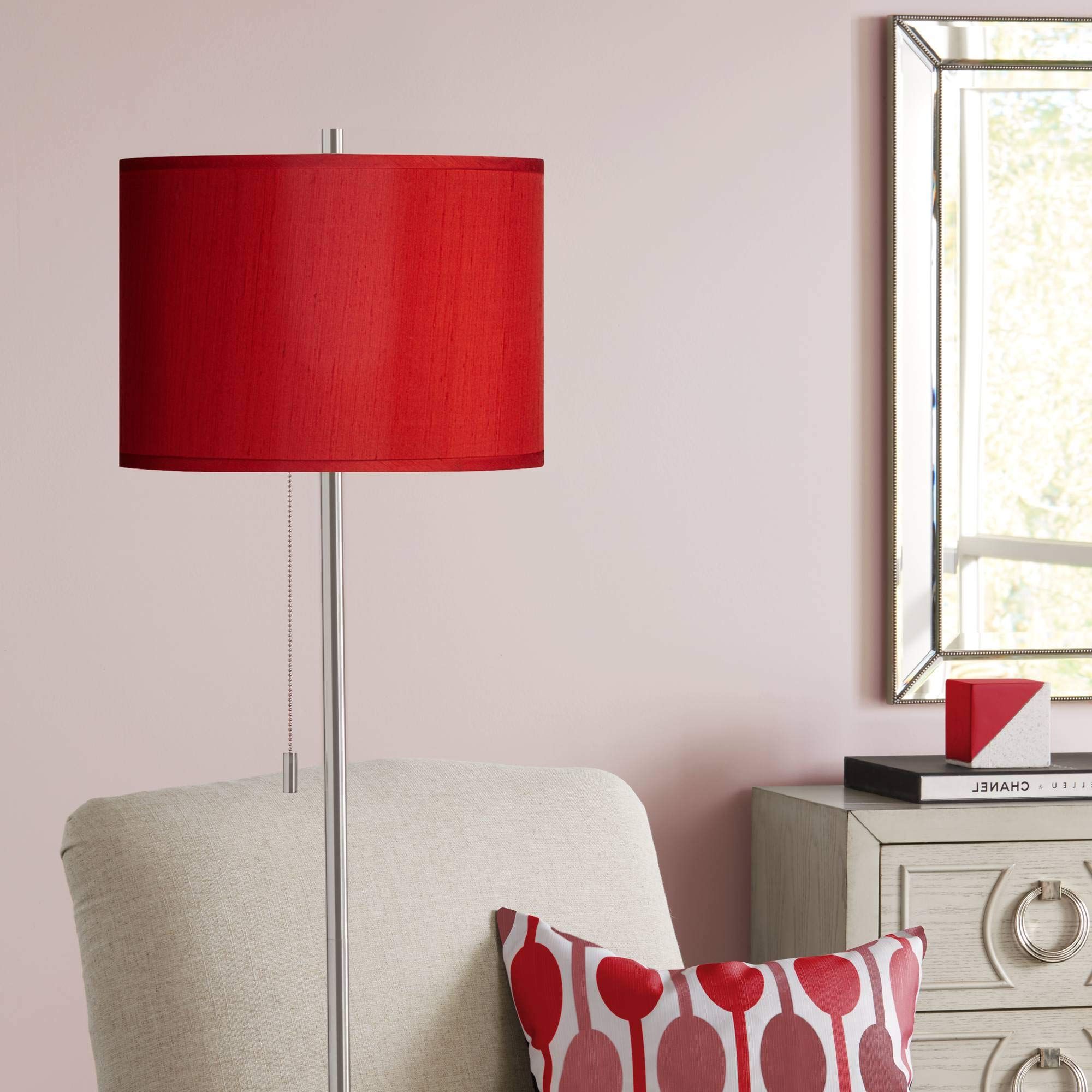 Textured Fabric Standing Lamps Within Popular Possini Euro Design Modern Minimalist Pole Lamp Floor Standing 62" Tall  Brushed Nickel China Red Textured Faux Silk Fabric Drum Shade For Living  Room Reading House Bedroom Home Decor (View 7 of 10)