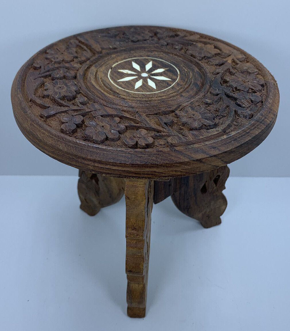 Vintage Hand Carved Wooden Plant Stand 6" Tall Inlaid Floral Made In India  (1) With Regard To Newest Carved Plant Stands (View 10 of 10)