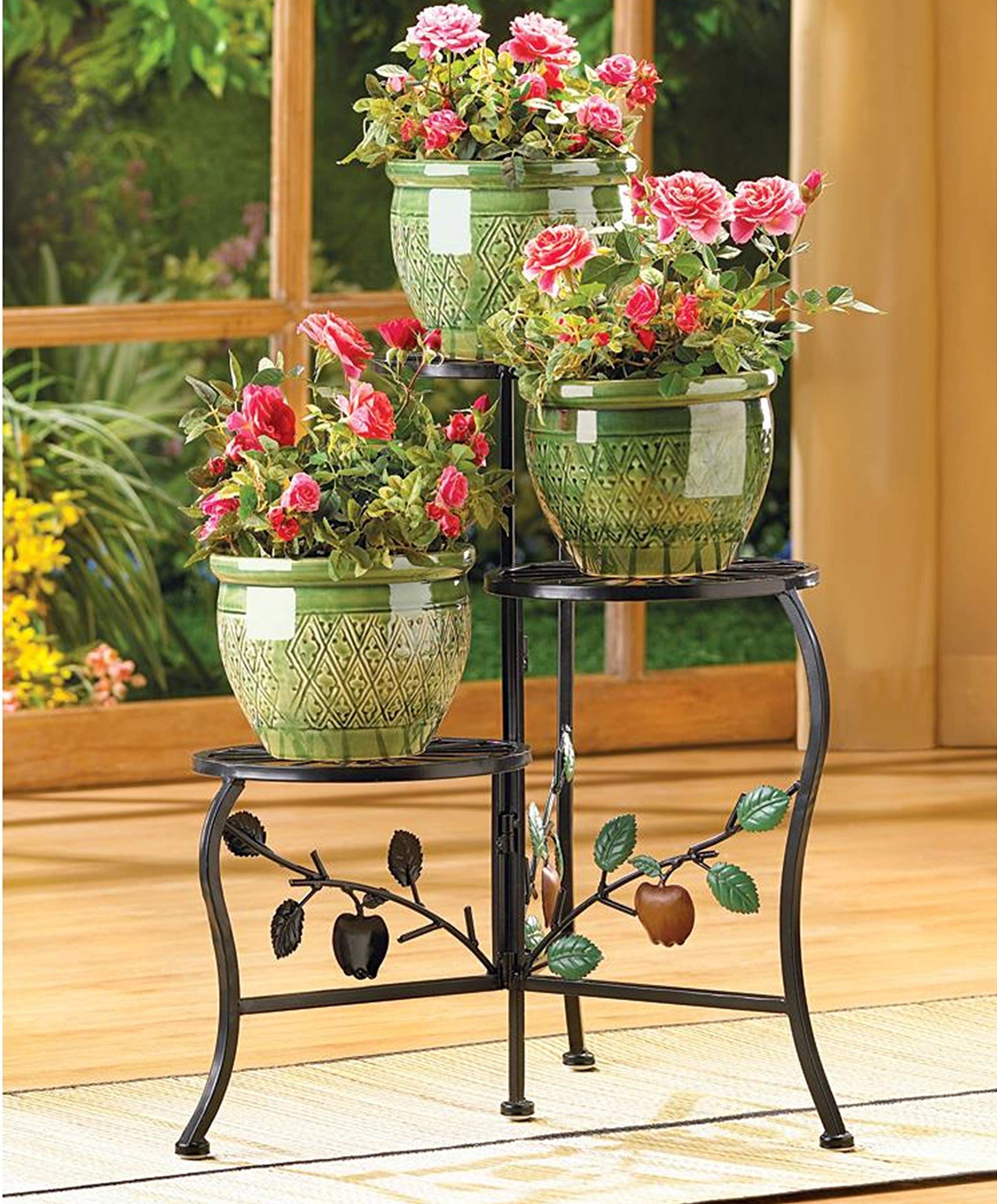 Vintage Plant Stands Within Most Current Vintage Plant Holder, Multi Tier Plant Stand Wrought Iron, Tri Level Plant  Stands, Round Metal Plant Rack, Black Patio Plant Shelf, Apple Flower Pot  Stand, Indoor Outdoor Plant Lover Gifts (View 6 of 10)
