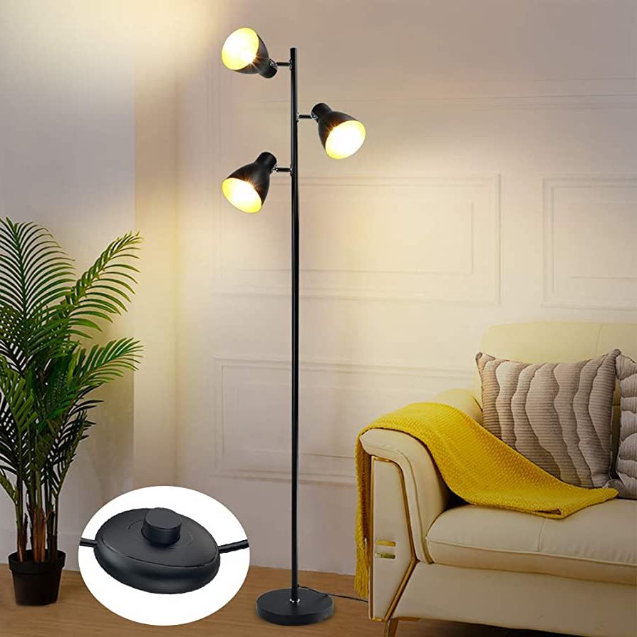 Well Liked Dllt Industrial Tree Floor Lamp With 3 Bulbs, Farmhouse Black Standing  Light, Skinny Tall Pole Lamp, Metal Bright Reading Lamps For Living Room  Bedroom, Adjustable Heads, Foot Switch, Mid Century – – Amazon Regarding Black Metal Standing Lamps (View 5 of 10)