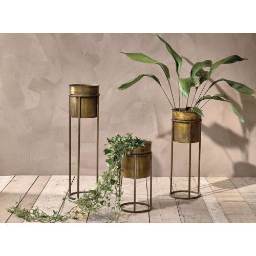 Well Liked Tall Standing Brass Planter, Antique Gold Iron Metal Planter, 3 Sizes,  Round Brass Plant Pot Cover, Ribbed Pot, Pot With Stand, Planter With Legs,  Tall Pot, Nkuku Kadassa Regarding Brass Plant Stands (View 5 of 10)