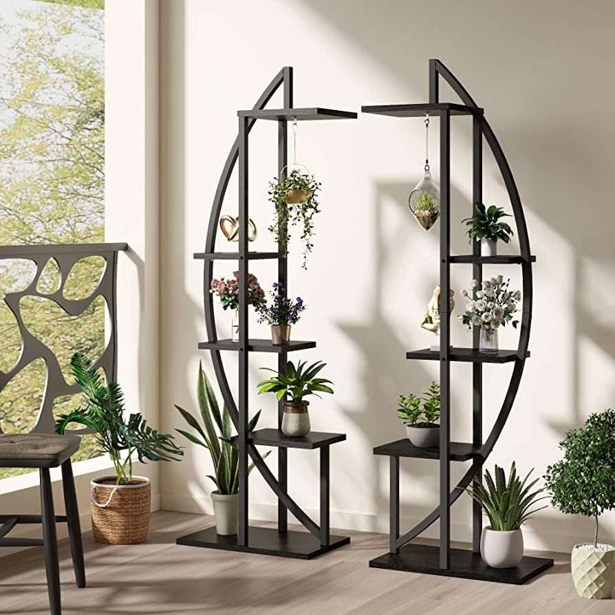 Yoleny 2 Pcs 5 Tier Metal Plant Stand Plant Stands For Indoor Plants  Multiple, Plant Shelf For Planter Display With 2 Hooks, Half Moon Plant  Stand For Living Room, Balcony, And Bedroom Throughout Trendy Metal Plant Stands (View 7 of 10)