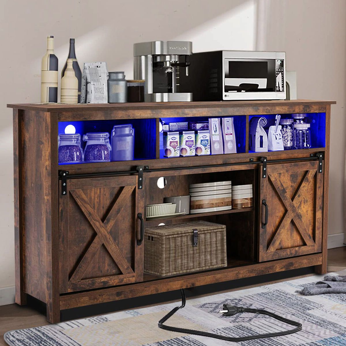 2019 Farmhouse Led Coffee Bar Cabinet Barn Door Sideboard Buffet With Power  Outlet (View 1 of 10)