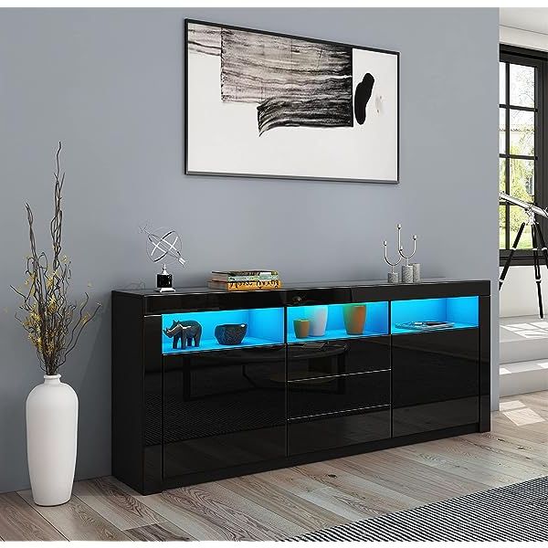 2020 Awoood Sideboard Cabinet, High Gloss Sideboards Tv Stand Unit 2 Doors 3  Drawers With Led Light Storage Cupboard For Living Dining Room 160x35x72cm  (black) : Amazon.co (View 2 of 10)