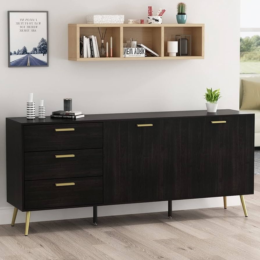 3 Drawers Sideboards Storage Cabinet Pertaining To Most Recent Amazon – Homsee Sideboard Cabinet With 3 Drawers & 2 Doors, Modern  Kitchen Buffet Storage Console Cabinet With Metal Legs For Living Room,  Dining Room & Entryway, Black Brown (69”l X 15.6”w (Photo 2 of 10)