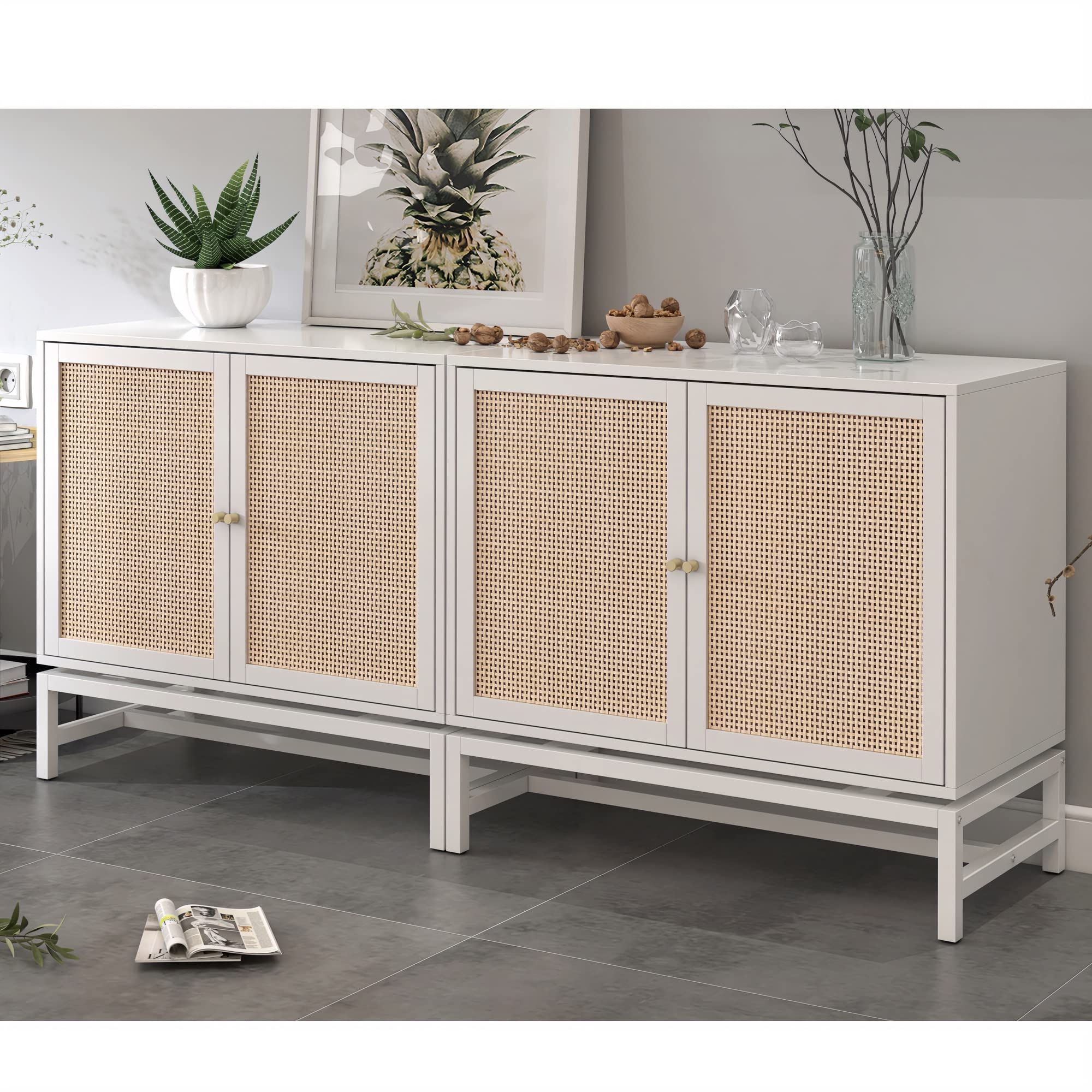 Amazon – Awqm 2pcs Rattan Sideboard Buffet Cabinet With  Storage,kithchen Accent Storage Cabinet With Doors Console Table With  Adjustable Shelves,wood Console Cabinet For Dining Room,living Room,white –  Buffets & Sideboards Pertaining To Recent Assembled Rattan Buffet Sideboards (Photo 6 of 10)
